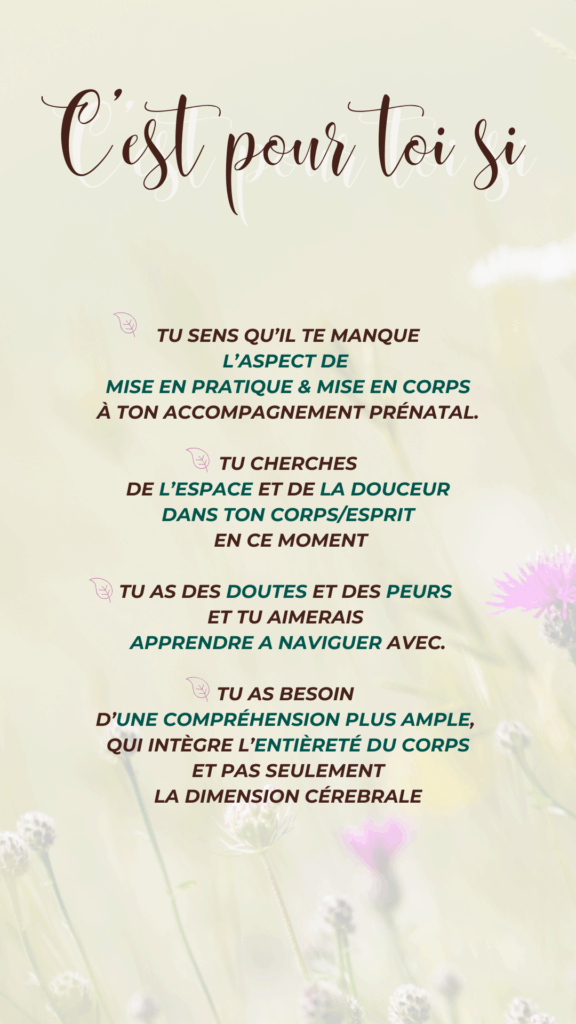tu sens qu’il te manque L’aspect de mise en pratique & mise en corps À ton accompagnement prénatal. tu cherches de l’espace et de la douceur dans ton corps/esprit en ce moment tu as des doutes et des peurs et tu aimerais apprendre a naviguer avec. tu as besoin d’une compréhension plus ample, qui intègre L’ENTIÈRETÉ du corps et pas seulement la dimension cérebrale